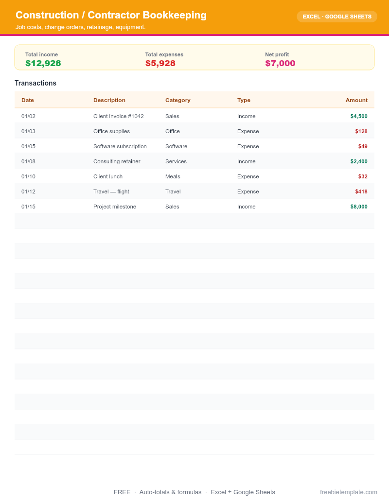 Preview of Construction / Contractor Bookkeeping