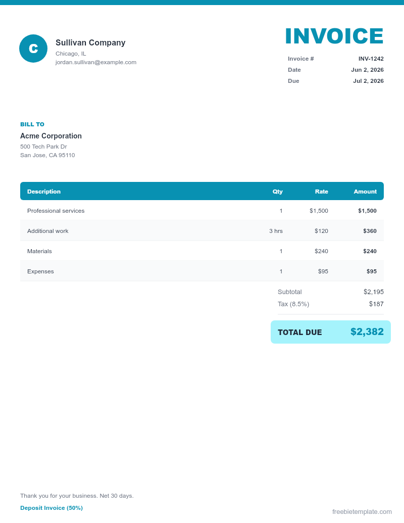 Deposit Invoice (50%) preview