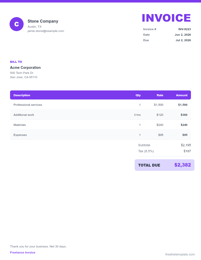 Freelance Invoice preview
