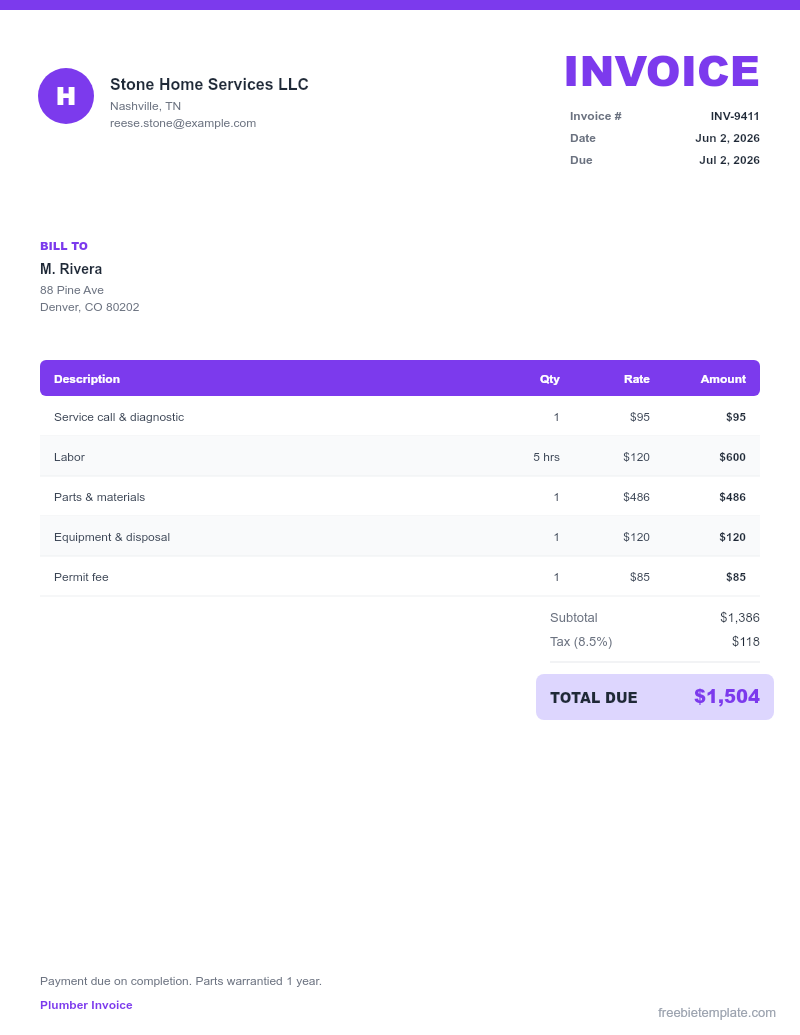 Plumber Invoice preview
