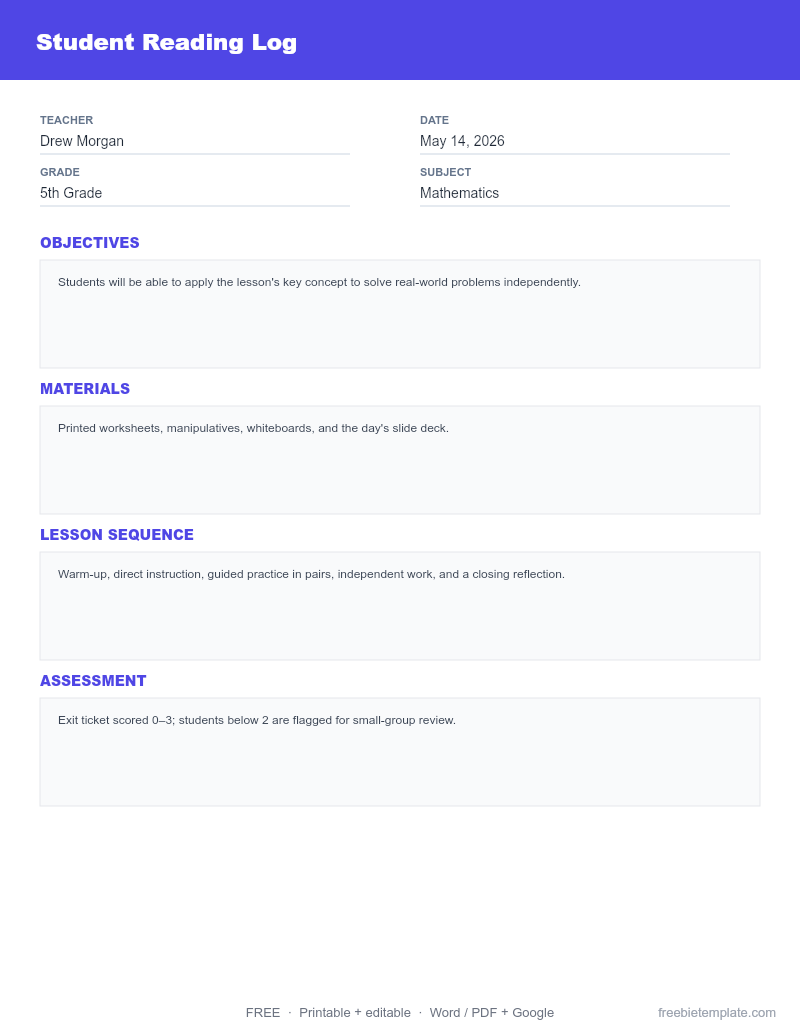 Student Reading Log preview
