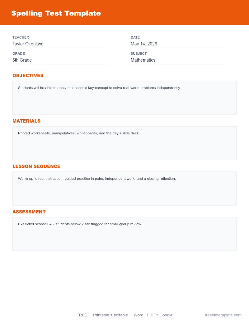 Spelling Test Template preview