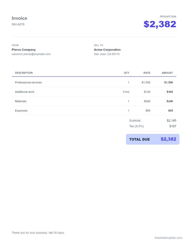 Virtual Assistant Invoice preview